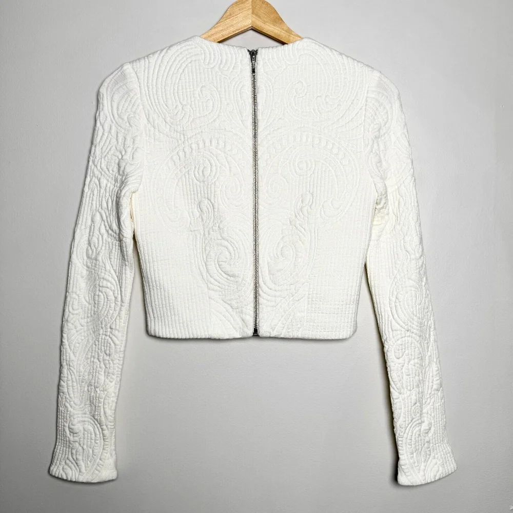 Nicholas Textured Long-Sleeved Ecru White Point Waist Crop Top Sz 2 US